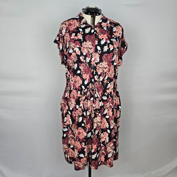 LuLaRoe Dresses & Skirts - LuLaRoe Dress Women's 2X Black Pink Floral Button Down Cap Sleeves Collar EUC